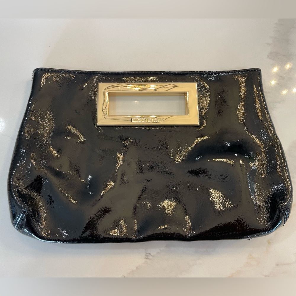 Michael Kors Black Patent Leather Clutch with Gold Handle